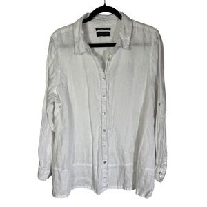 Tahari Essentials White 100% Linen Button Down Roll Tab Sleeve Shirt XL (est).